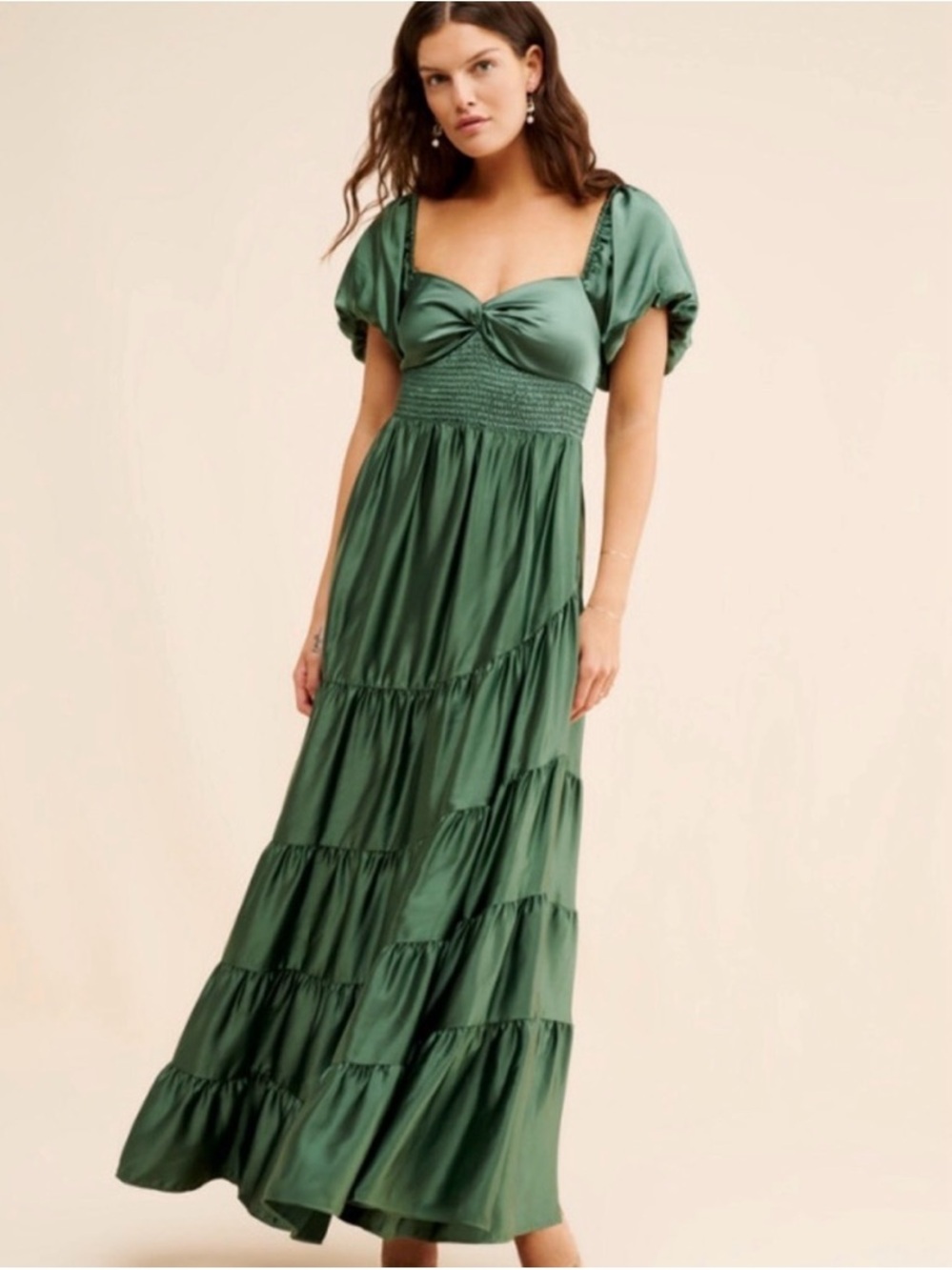 Free People Emerald Green Puff Sleeve Tiered Maxi Dress